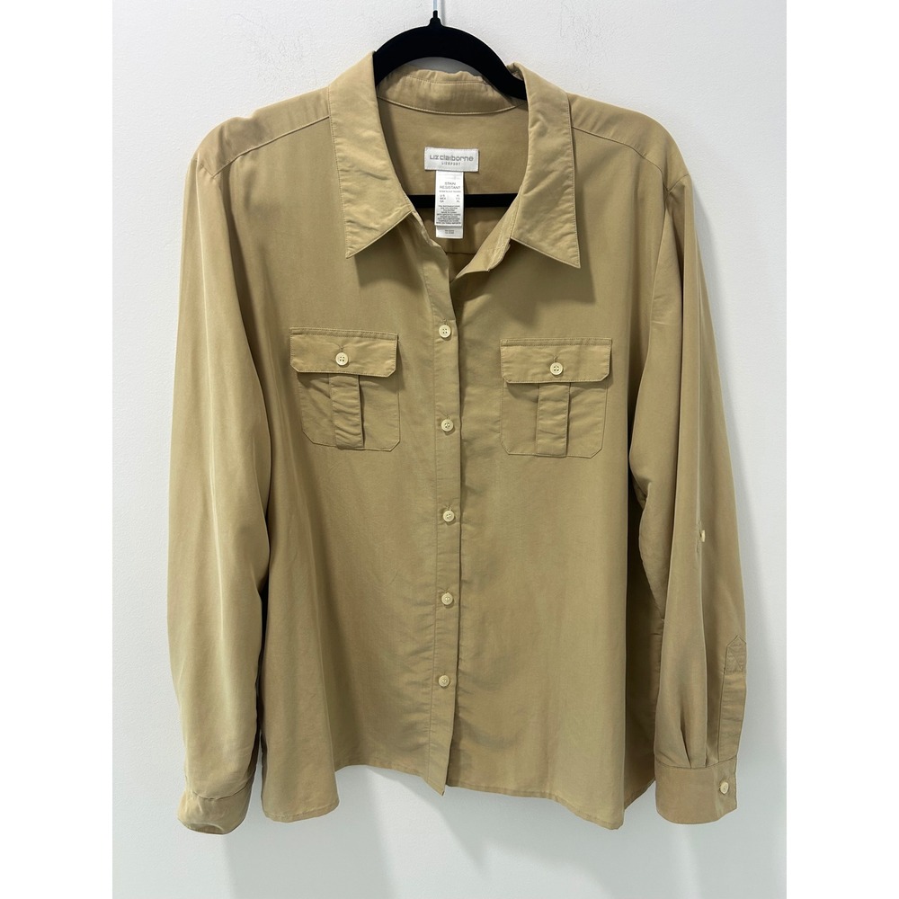 Liz Claiborne Lizsport Womens XL Tan Khaki Stain Resistant Roll Tab Utility Top